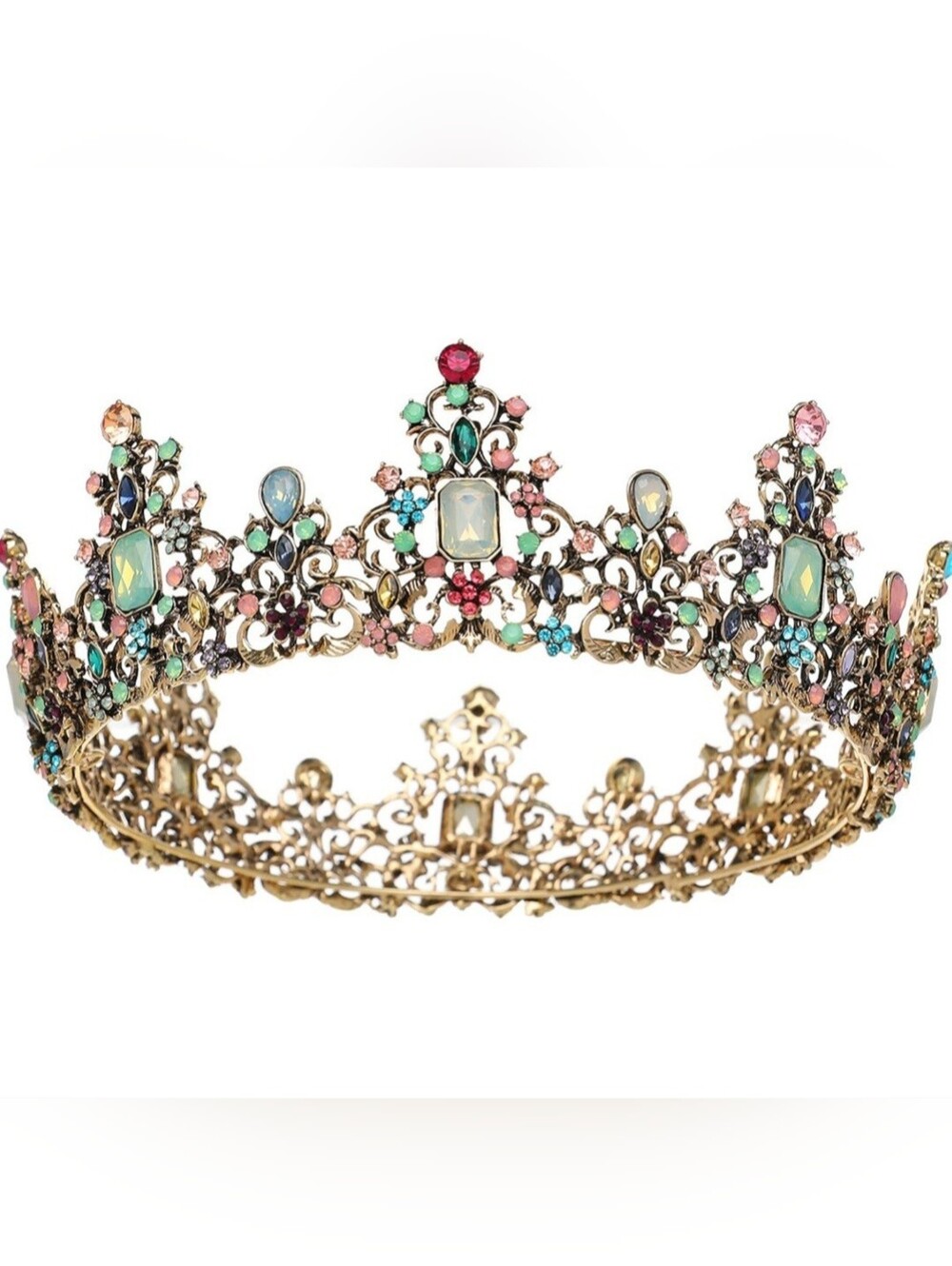 Baroque Gold Multi-Color Jeweled Tiara Crown - Women Accessories